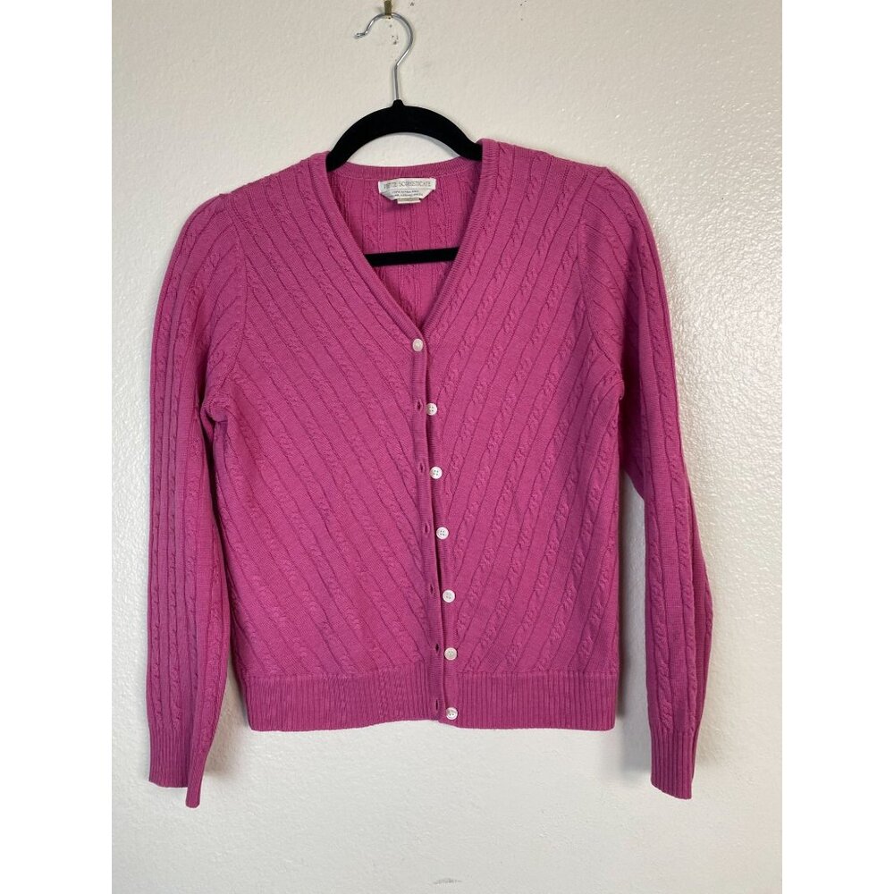 Petite Sophisticate Italian Merino Wool Pink Cable Knit Cardigan‎ Sweater Small